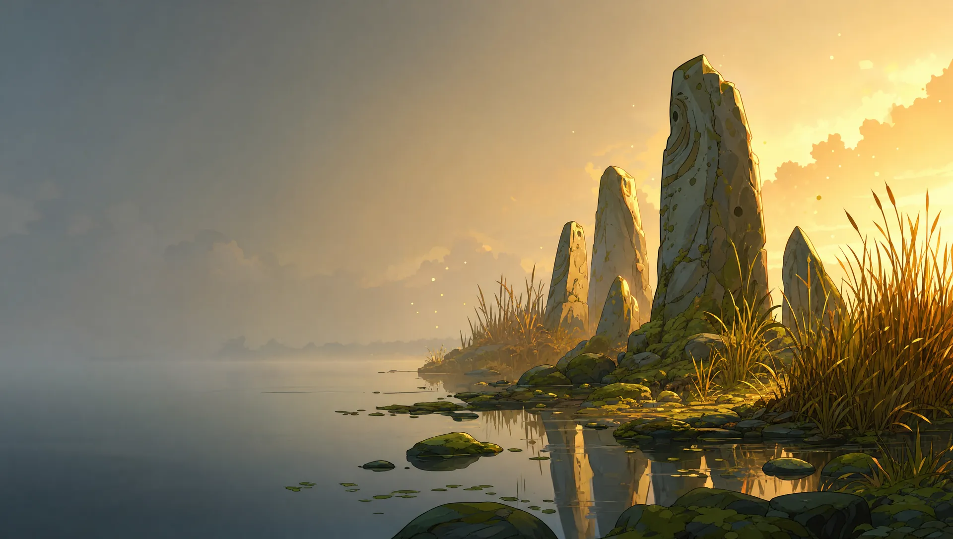 Standing stones in the reeds at dawn