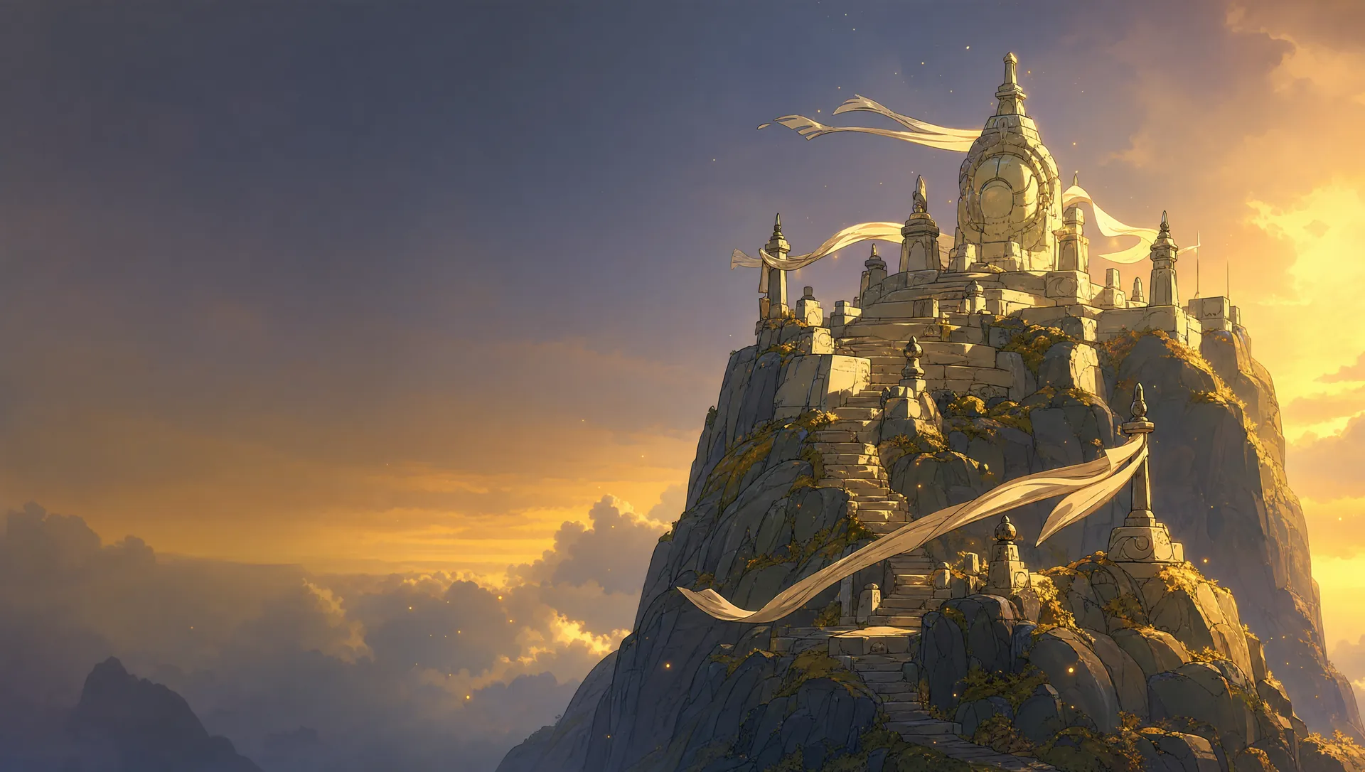 A citadel on a rock at sunset, banners flying
