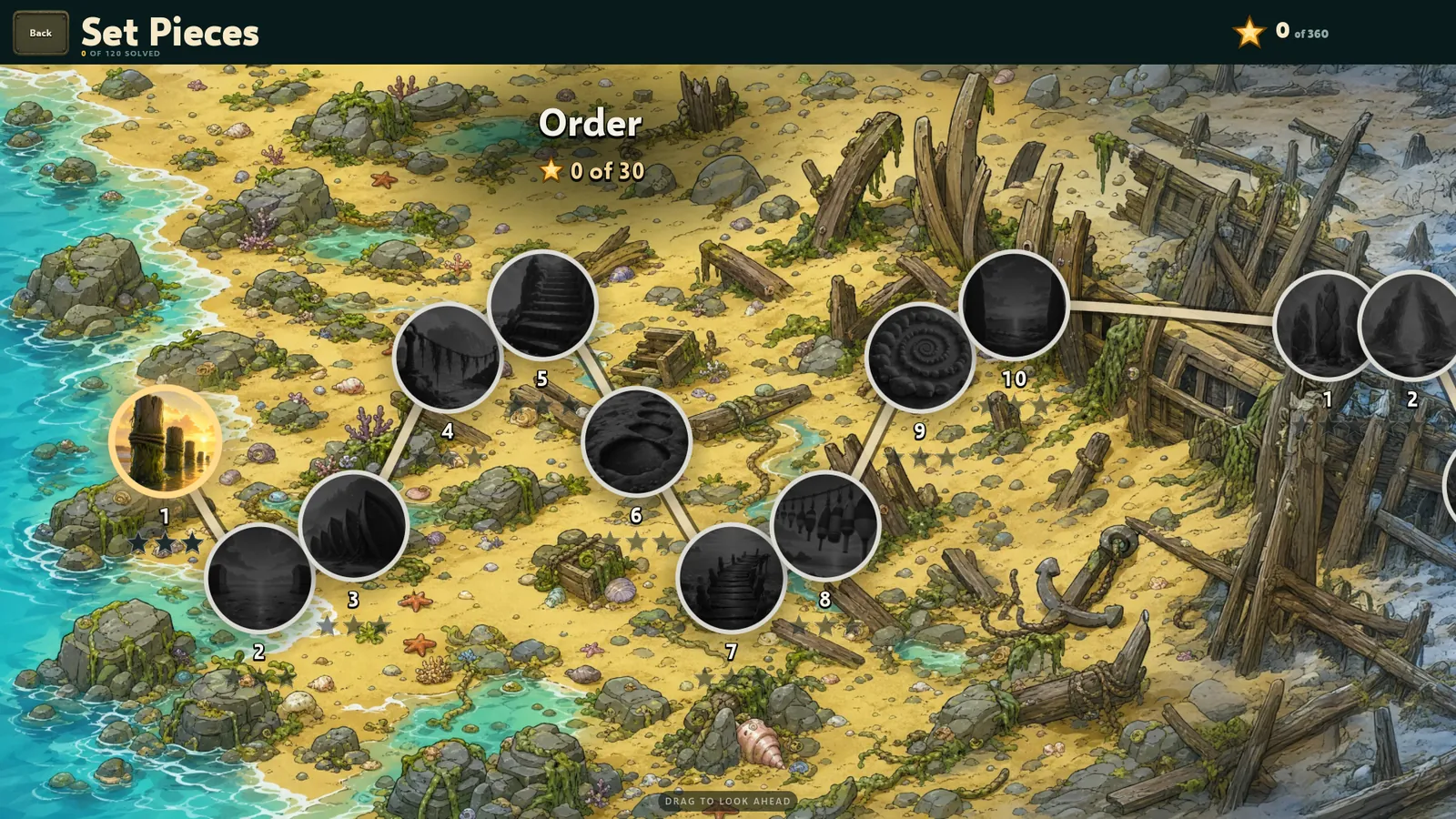 The Set Pieces map: a path of stones across a painted shore