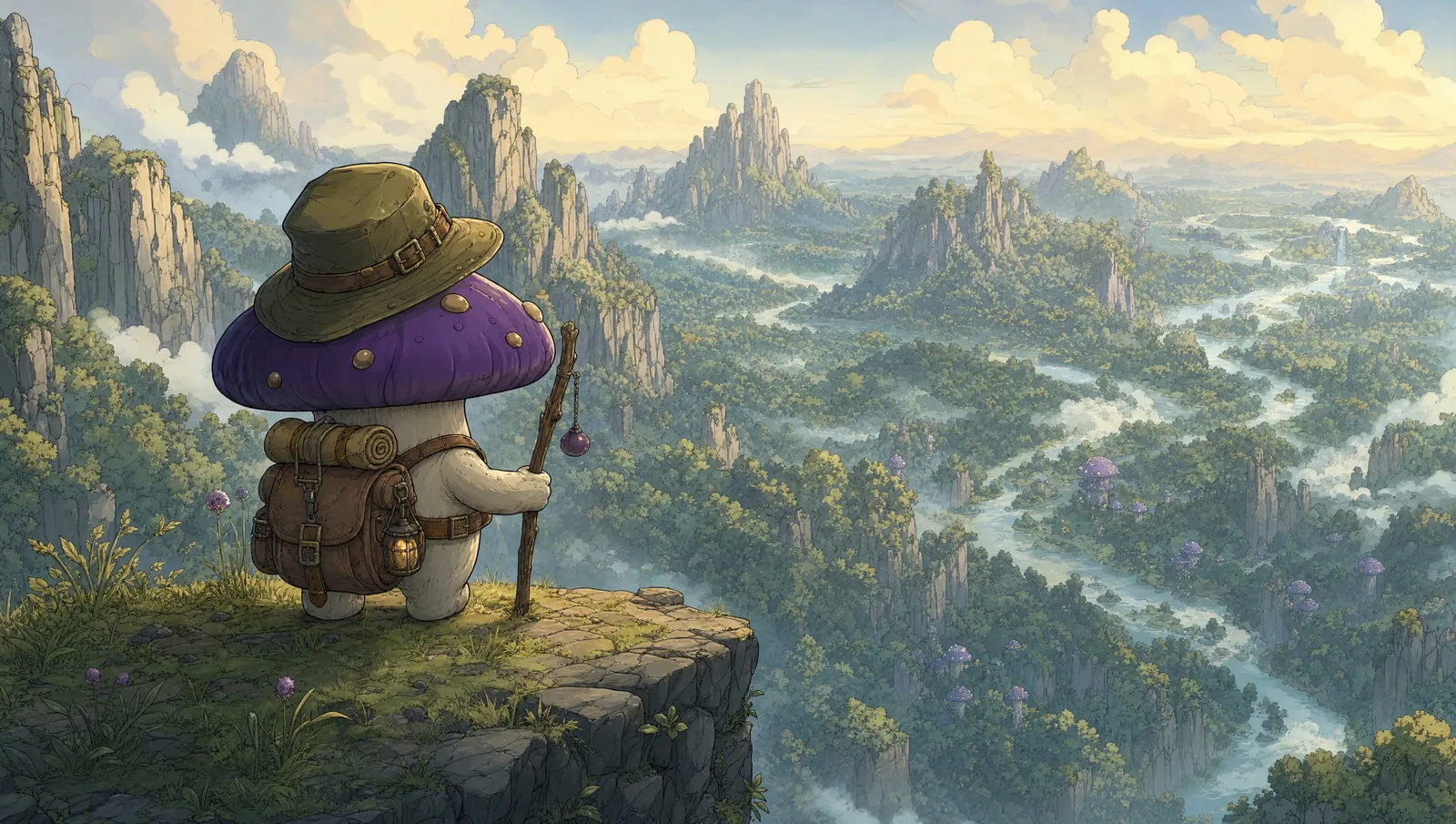A small mushroom traveller looking out over a valley of crags and rivers